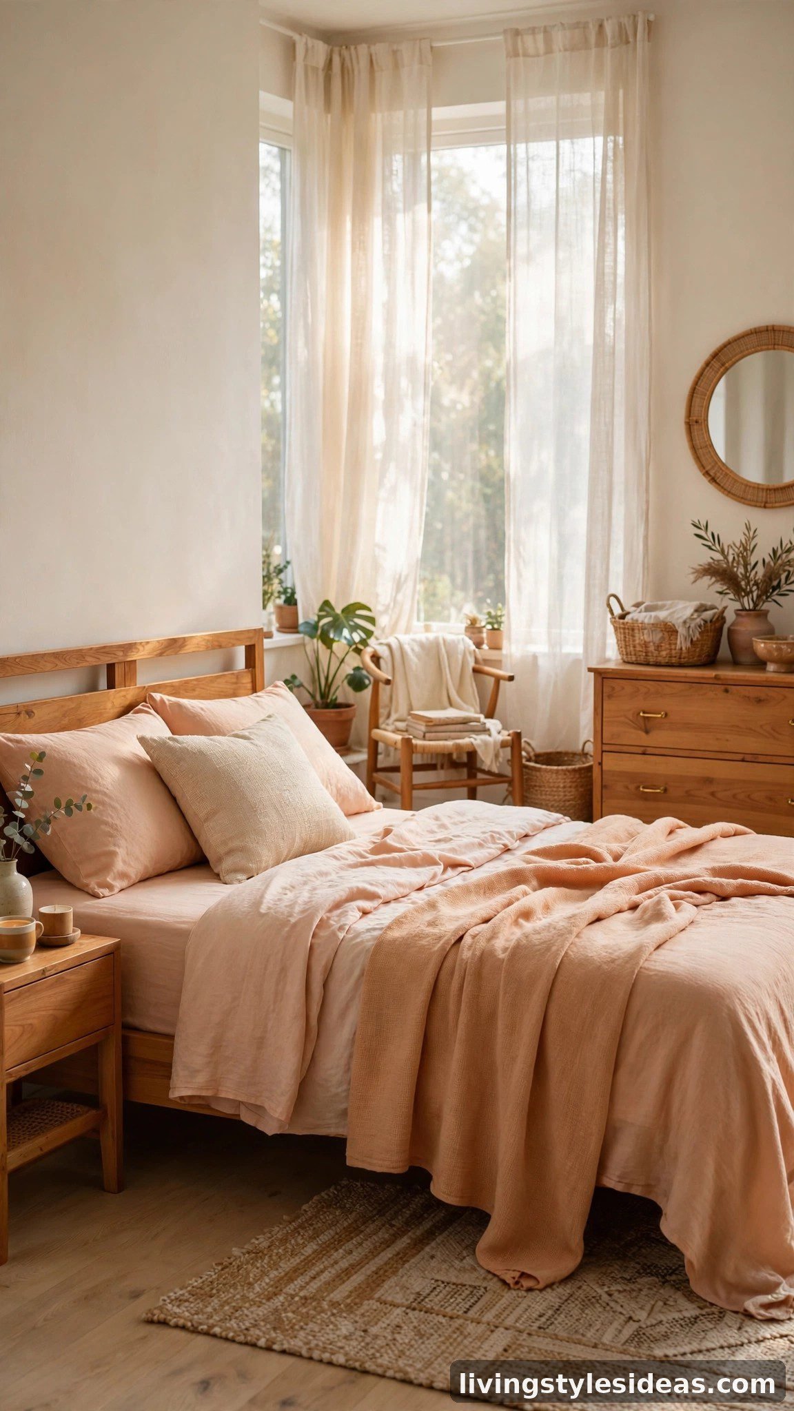 Airy studio bedroom in apricot, peach and warm ivory tones