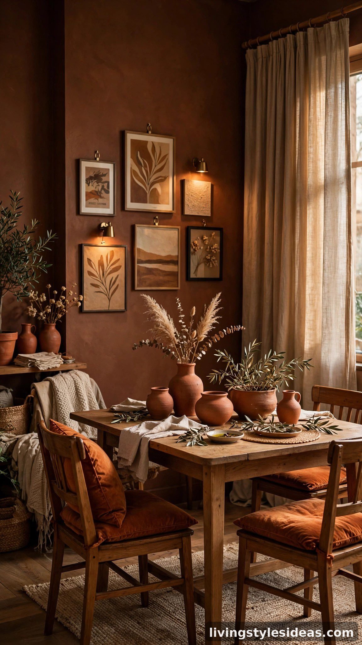 Bold studio dining area with sienna wall and burnt orange velvet cushions