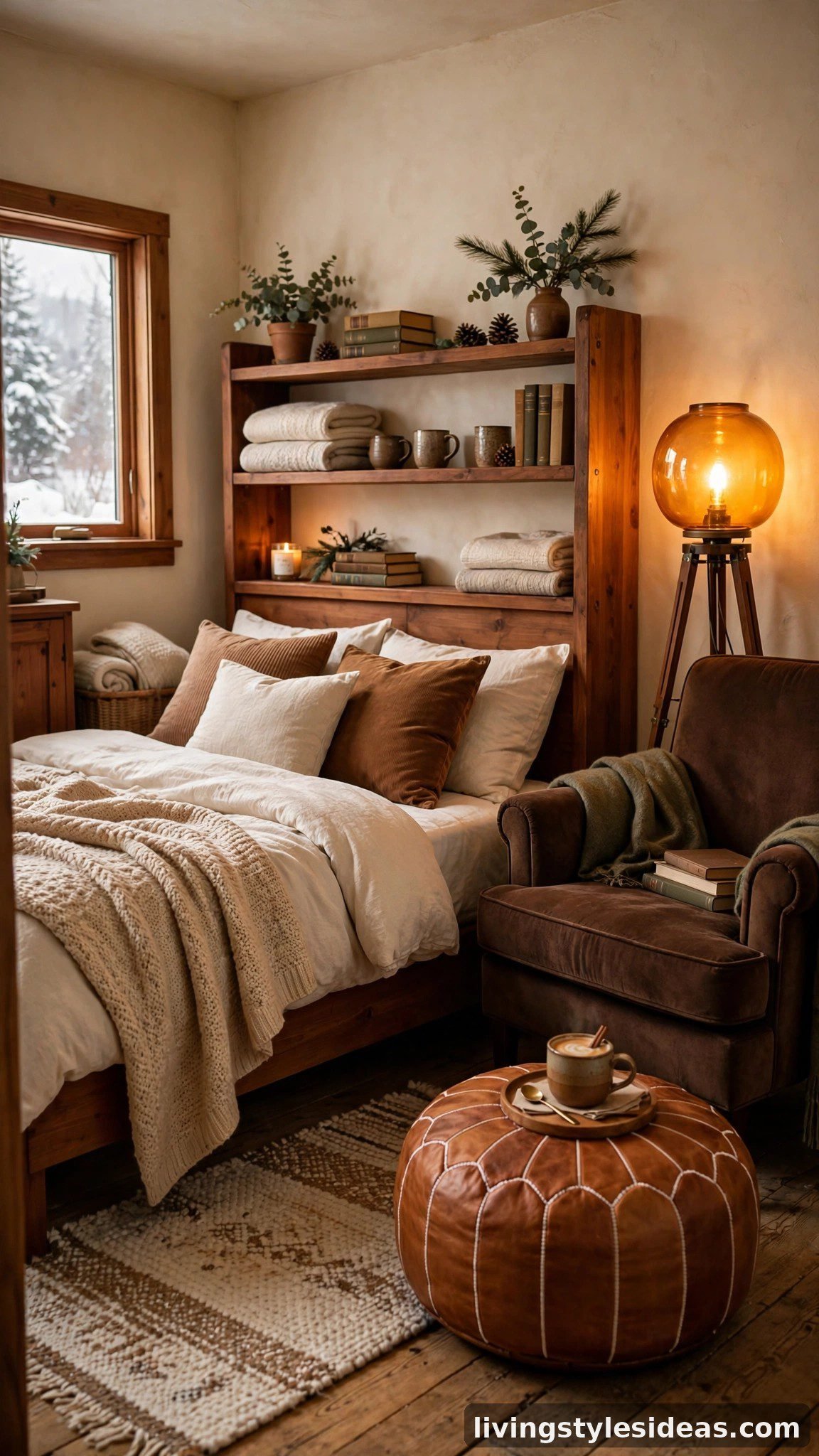 Snug studio lounge with chestnut wood, espresso chair and caramel leather accents