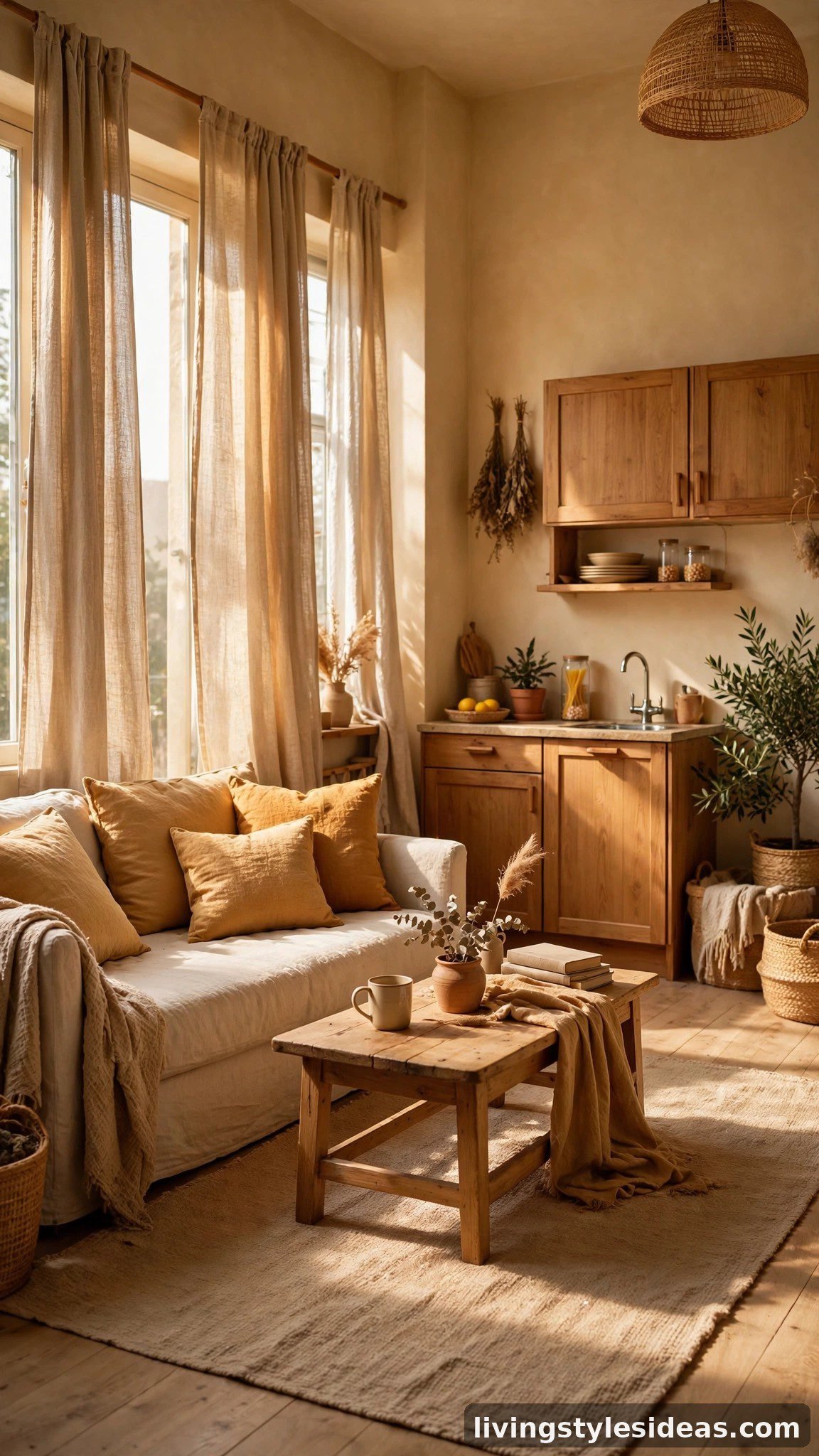 Whole studio in golden beige walls, wheat linens and honey cushions