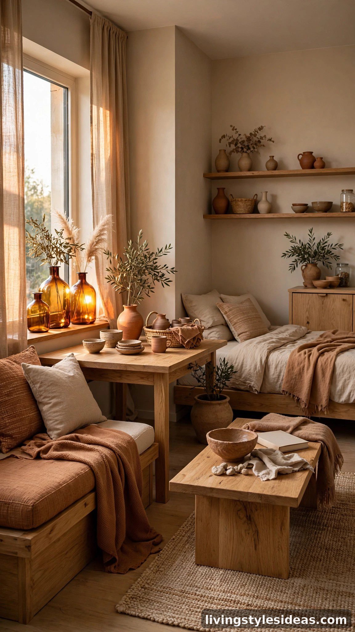 Sophisticated studio with warm greige walls, clay textiles and amber glass