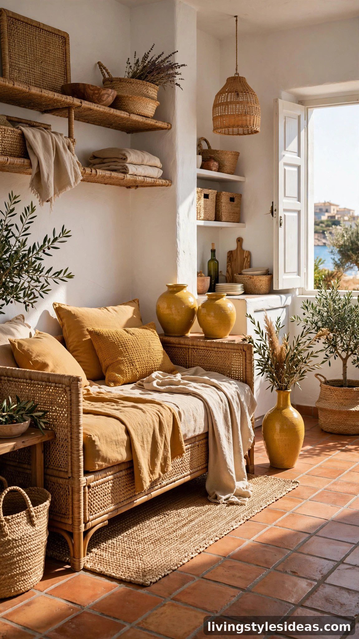 Mediterranean-style studio with terracotta, ochre and goldenrod tones