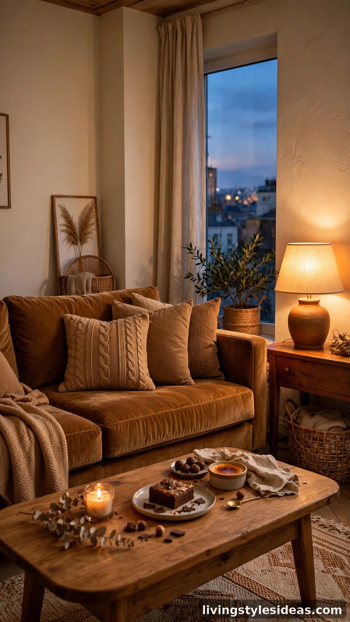 Cozy studio living area with caramel velvet sofa and toffee cushions
