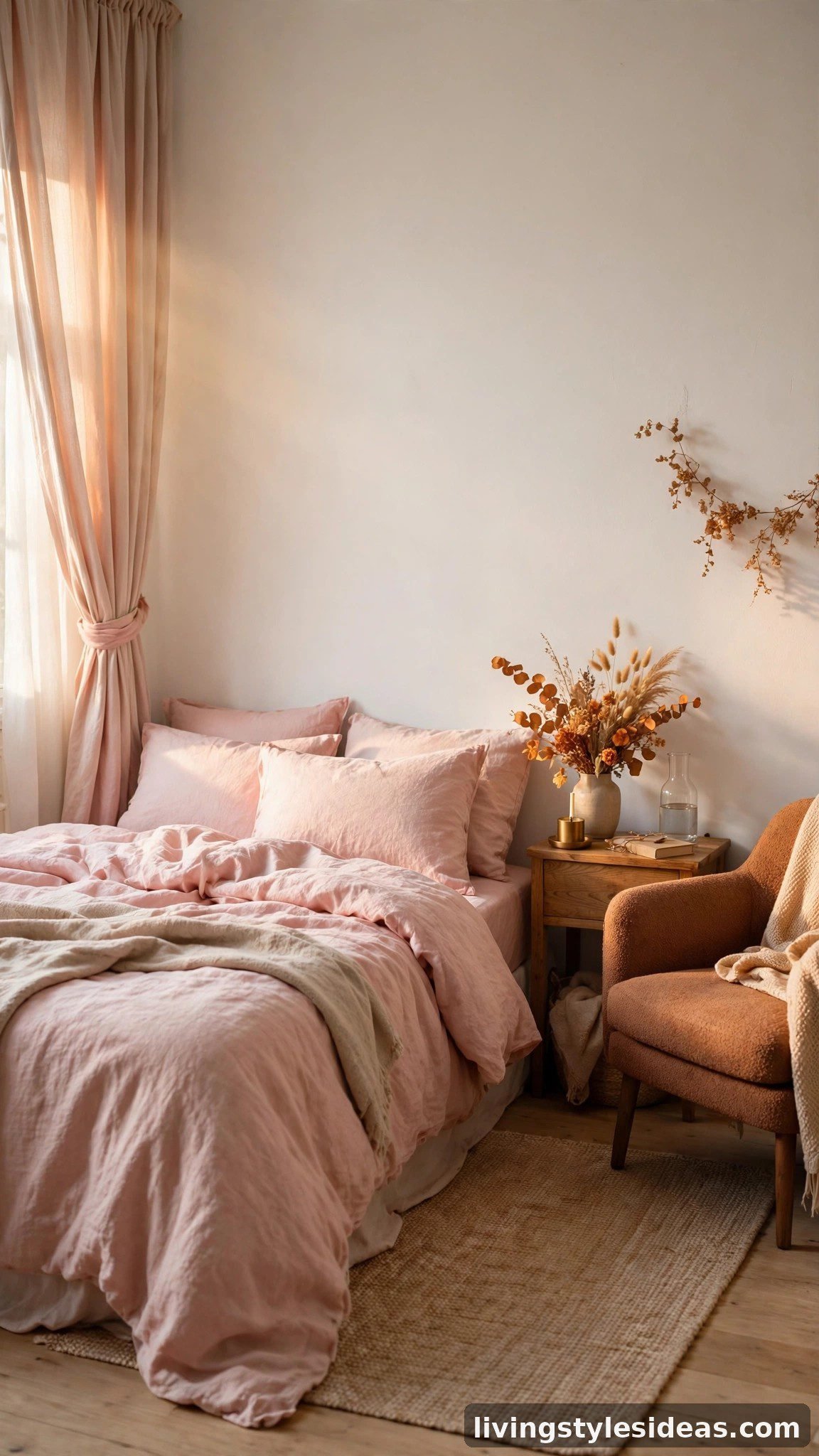 Romantic studio bedroom in blush, cinnamon and warm white tones